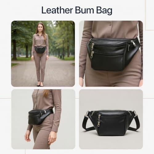 LTG 100% Genuine Leather Bum Bag – Black & Brown Fanny Pack Waist Belt with 4 Zipped Pockets – Unisex Travel Holiday Sports Gym Running Hip Purse Adjustable Strap — view 2
