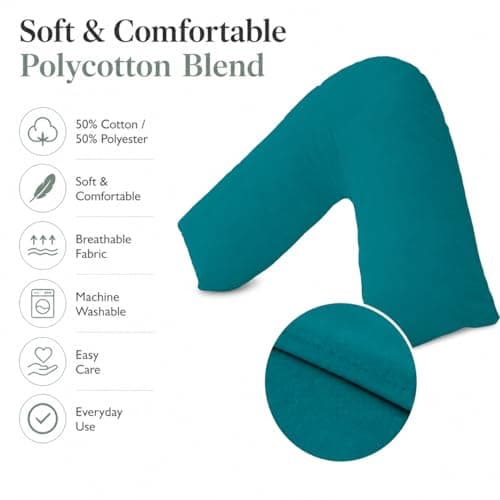 URBAN GROOVE V Shaped Pillowcase Cover Plain Polycotton Back & Neck Support Orthopaedic/Pregnancy/Nursing Pillow Case Cover with Envelope Closure Teal — view 3