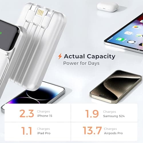 Power Bank With Built in Cables 10000mAh, 22.5W Fast Charge Portable Charger, USB C Battery Pack with 4 Outputs & 3 Inputs Compatible with iPhone 16 15 14 13 iPads Tablets and More — view 4