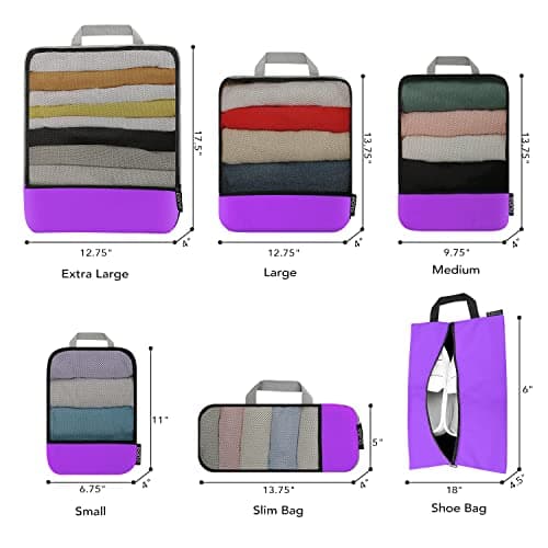 Eono Compression Packing Cubes, Luggage Organiser Set, Extensible Suitcase Organiser, Packing Organisers for Suitcases, Packing Cubes for Travel or Home Storage - Purple, 6 Set — view 2