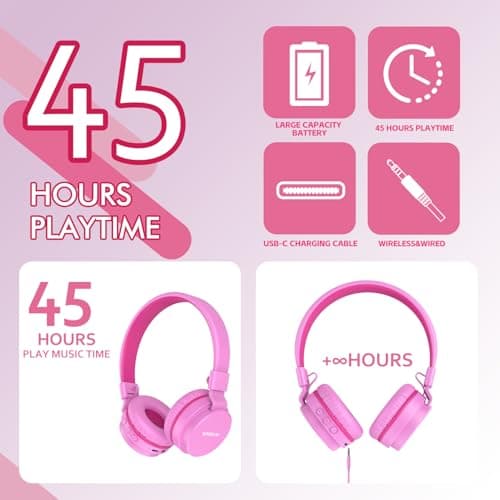 Kids Bluetooth Headphones,Lightweight Kids Headphones Wireless,85/94dB Safe Volume,40H Playtime,Fast Charging,Bluetooth 5.3,Over Ear,Toddler Headphone Built-in Mic for School/Tablet/Travel (Pink) — view 3