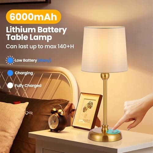 Rechargeable Cordless Table Lamp, 6000mAh Battery Bedside Lamp with Touch Dimming & Brightness Memory, Portable LED Lamp, Warm 2700K Small Dimmable Lamps for Bedroom, Living Room, Indoor - Gold — view 3
