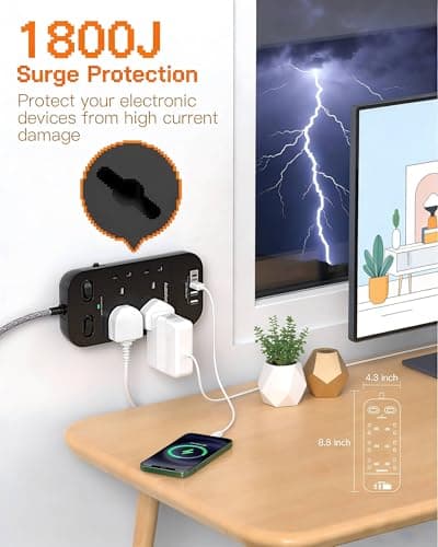 Black 4 Way Outlet Extension Lead with 4 USB Slots(2 USB C), 1.8M Cable — view 3