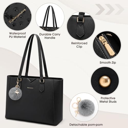 RAINSMORE Handbag for Women Large Tote Bags for Women Waterproof PU Leather Ladies laptop Tote handbag with Removable pom-pom for Work Business School Black — view 5