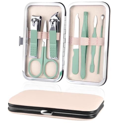 URAQT Professional Manicure Set, 7 pcs Portable Nail Clippers & Eyebrow Grooming Kit, Stainless Steel Nail Care Tools with Luxurious Leather Case for Travel & Home（Green）