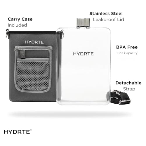 Hydrte Travel Mini Water Bottle with Strap & Sleeve – 500ml BPA-Free Slim Flat Reusable Water Bottle, Leak Proof (Slate Grey) — view 3