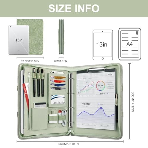 Leathario Portfolio Folder A4, Vegan Leather Conference Folder with Handle, 4-Ring Travel Document Holder with 5 5-Part File Dividers, Multi-Pocket Document Folder Organiser, Office Supplies — view 3