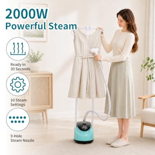 2000W Standing Clothes Steamer, Professional Standing Garment Steamer for Clothes with Ironing Board, 30s Fast Heat, 2L Water Tank & 10 Adjustable Settings, 60min Continuous Steam, for Home & Travel — view 2