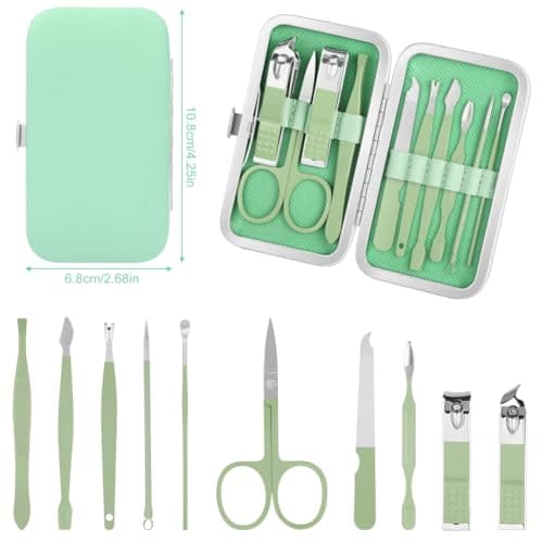ALIIP Professional Manicure Set,10-Piece Stainless Steel Nail Clipper Kit with Leather Case, Portable Travel Nail Care Set for Women & Men, Press-Lock Design for Home & Gifting,Green — view 2