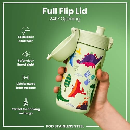 Ion8 Kids Water Bottle, Steel 400 ml/13 oz, Leak Proof, Easy to Open, Secure Lock, Dishwasher Safe, Flip Cover, Carry Handle, Easy Clean, Durable, Metal Water Bottle, Raised Print, Dinosaurs — view 4