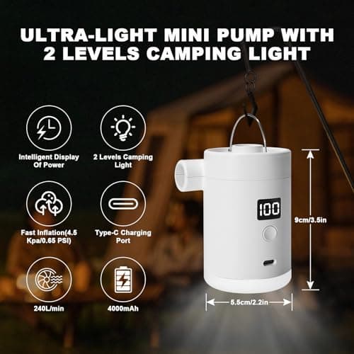 Portable Air Pump for Inflatables: 4000mAh Type-C Rechargeable Battery Powered Ultra-Mini Electric Air Pumps with 5 Nozzles & Camping Light for Air Mattress Air Bed Pool Floats Raft (White) — view 3