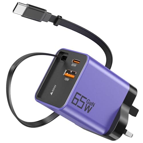 65W GaN USB C Charger 3-Port with Retractable 0.7m Cable(Purple)