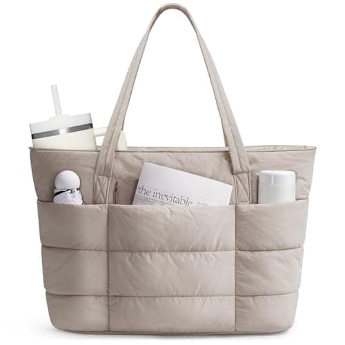 Narwey Tote Bags for Women, Ladies Handbags & Shoulder Bags, School Work Laptop Bags for Women, Quilted Puffer Teacher Hand Bag for College Shopping Travel Gym Beach (Khaki)
