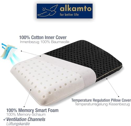 alkamto Travel Pillow - Ergonomic Neck Support Camping Memory Foam Pillow with Temperature-Regulating Pillowcase - Included Waterproof Travel Carry Bag — view 4