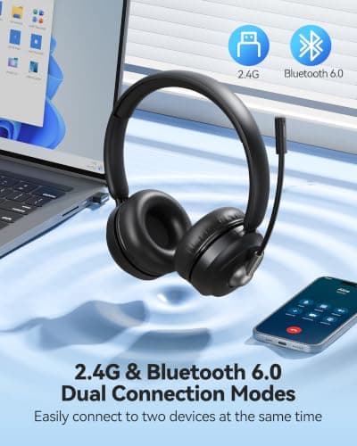 TECKNET Wireless Headset, Bluetooth V6.0 Headset with ENC Noise Cancelling Microphone, Rechargeable USB A Headsets, One-Key Mute Mic, 50H Playtime Over-Ear Headphones for Office/Call Center/Team — view 2