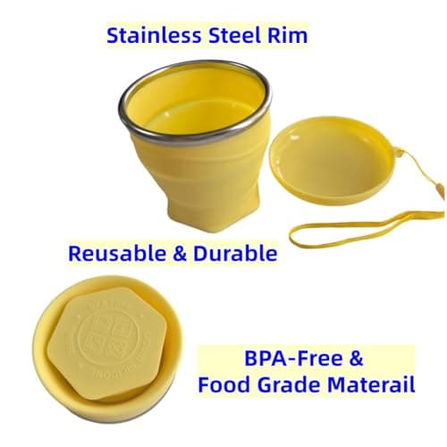 EASYXQ Collapsible Cup, 8.8oz 260ml Foldable Travel Mini Coffee Mug, BPA Free Silicone Water Cup and Lid with Stainless Steel Rim, Portable Pocket Cup for Outdoor, Hiking, Camping & Kids （Yellow） — view 5