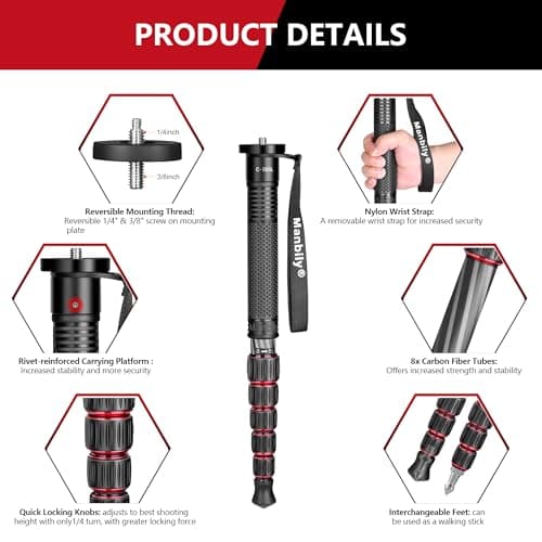 Camera Monopod Walking Stick Manbily Monopods for Cameras Stand Carbon Fiber Portable Compact Travel Monopod Unipod Stick with handle 6 Sections 61inches 15.4lbs for DSLR Video Camcorder Stand (Red) — view 4