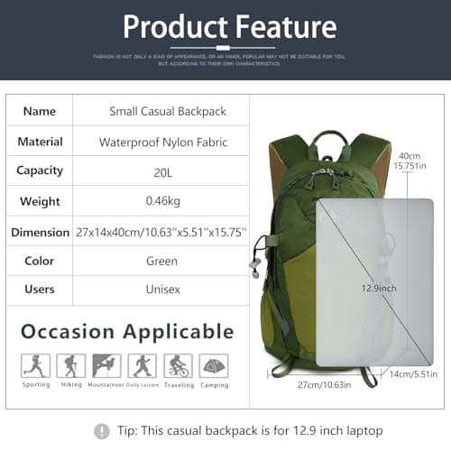 Lightweight Hiking Backpack, 20L Women/Men Waterproof Travel Rucksack Bag with Rain Cover, Outdoor Small Foldable Daypack for Student, Fit for 12.9 inch Laptop, Green — view 2