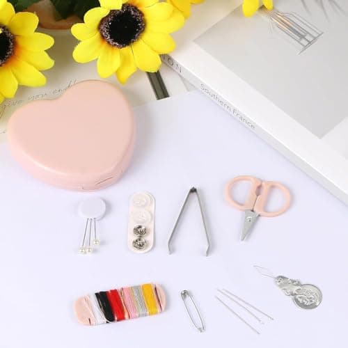 Heart Shaped Portable Travel Sewing Repair Kit - Mini Box with Threads, Scissors, DIY Hand Sewing Needles, Pink — view 3