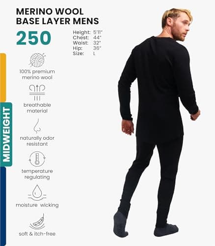 100% Merino Wool Base Layer Men Set - Thermal Underwear Mens + Hiking Socks (Large, 250 Black) — view 2