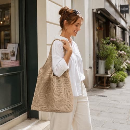 Parspetil Brown Crochet Tote Bag,Mesh Beach Bag for Women,Knit Boho Shoulder Bag Summer Vacation Casual Handbag for Beach Travel and Shopping — view 3