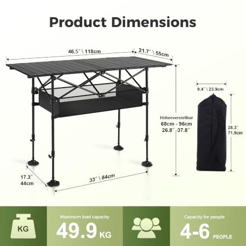 ALPHA CAMP Folding Camping Table, Adjustable Height,Mesh Layer,118x55x96 cm — view 3