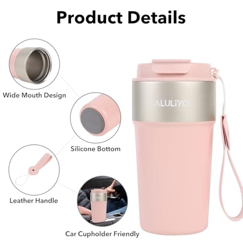 ALULIYO Travel Mug, Insulated Coffee Cup with Straw & Lid, 500ML, Pink — view 4