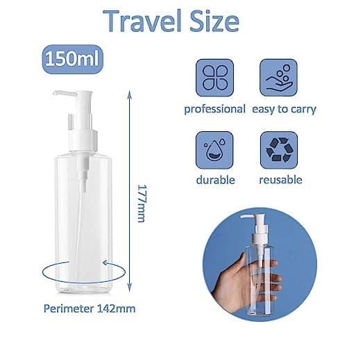 Apstaqeoo 4Pcs 150ML Empty Lotion Dispenser Refillable Clear Plastic Oval Travel Bottles Makeup Cosmetic Flat Container Dispenser with Pump Head & Label for Gel Cream Shampoo Massage Cleansing Oil — view 2