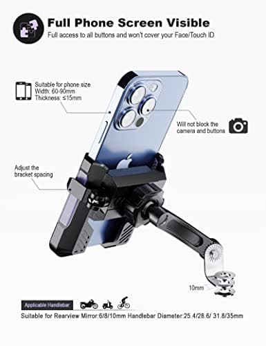 GREFAY Motorcycle Phone Holder Handlebar Mount Motorbike Phone Holder Rearview Mirror【2 Connection Methods+1S Quick Disassembly】 With ​360 Rotate for 4.0-7.0 inch smartphone — view 3
