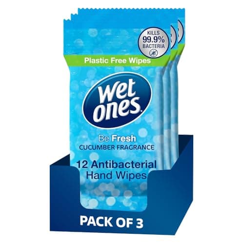 3 Pack Wet Ones Antibacterial Hand Wipes – 36 Wipes, Plastic Free, Cucumber Fragrance, Travel Size Hand Cleaning Wipes for Home, Office, School Car Travel Everyday Fresh Cleaning & On the Go Use