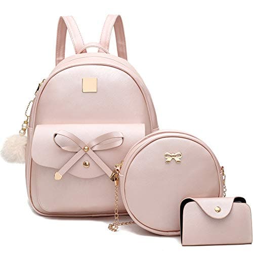 Gloppers Girls Bow Backpack 3PCS Faux Leather Backpack Set with Shoulder Bag & Wallet Cute Rucksack for Women Travel (Pink)
