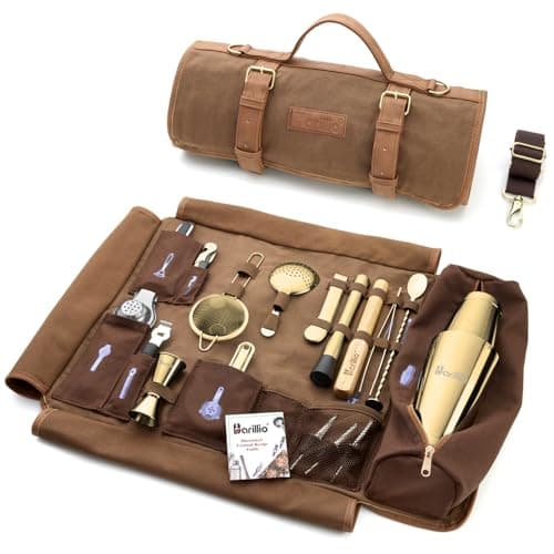 Barillio Bartender Kit Bag with Gold Cocktail Shaker Set - Waxed Canvas, Traveling Bar Tools Bag with 17-Pc Cocktail Kit - Travel Mixology Bartending Kits - Mobile Bar Roll with Strap & Accessories