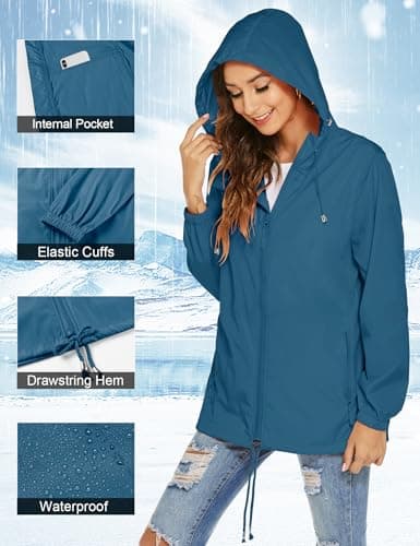 Rapbin Women's Raincoats Waterproof Thin Breathable Packable Rain Jacket — view 5