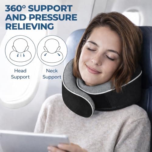 Relaxd Travel Pillow for Adults | Adjustable Memory Foam Neck Pillow for Travel | 360 Degree Neck Support | Removable Pillow Case | Includes Eye Mask, Earplugs, Travel Bag | Black | UK Brand — view 2