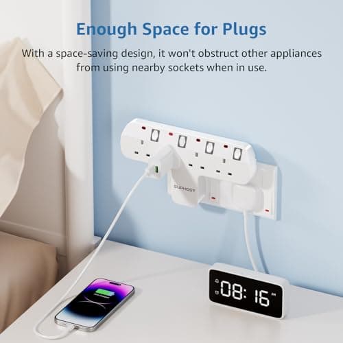 SUPHOST Plug Extension Socket, 4 Way Plug Adapter with 180 Degree Rotating UK Plug, 13A Fused Multi Plug Adaptor with 4 Independent Switches, Wall Socket Extension for Home Office Kitchen — view 3