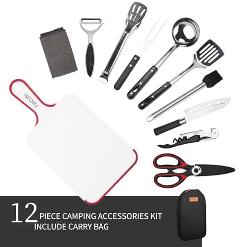 Camping Accessories Set,ISFORU 10PCS Camping Kitchen Cookware Utensil Organizer Travel Kit with Peeler, Cutting Board, Bottle Opener and Water Resistant Case for Outdoor Hiking Picnic and Trekking — view 2