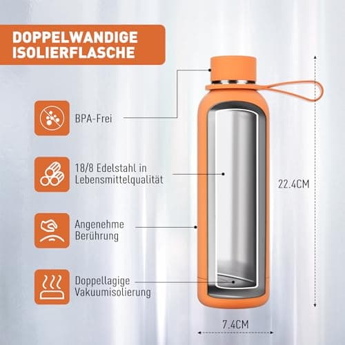 Exllena Insulated Water Bottle 500ml with Buckle, Double Wall Vacuum Insulated - 12 Hrs Hot/24 Hrs Cold, Stainless Steel - BPA Free (Orange) — view 2