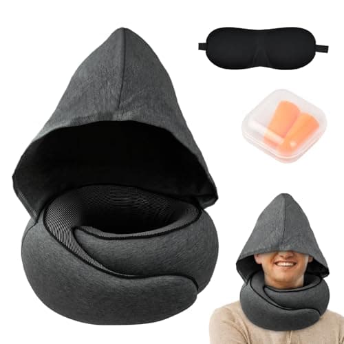 Solvio Travel Pillow for Airplane, Hooded Neck Pillow for Travel with 360° Support, Memory Foam Flight Pillow with Washable Cover, Portable Airplane Essentials for Long Flights, Car and Train