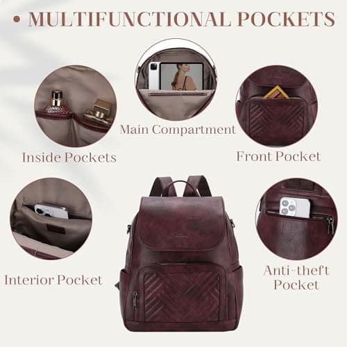 VASCHY Women Backpack, Vegan Leather Travel Backpack for Work Burgundy — view 5