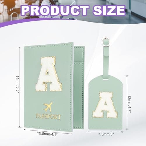 PATIKIL Passport Holder for Travel, Initial Passport Cover and Luggage Tag Set with Alphabet Chenille Letter Patch Travel Wallet Bag Suitcase Identifier for Women Family Travel Green A — view 2