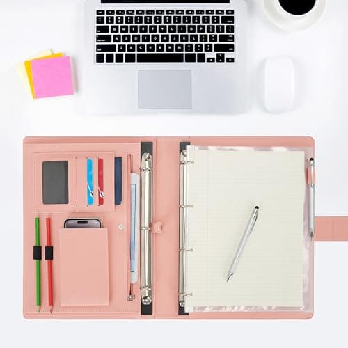 Wonderpool A4 PU Leather 4 Ring Holder Writing Portfolio Multi Document Case with Removable Binder Clipboard and Functional Pocket for Organizer Office Travel School (Pink) — view 4