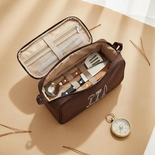 Fonowx Outdoor Kitchen Storage Utensil Organizer Bag Case Carrier with Padded Tool Protection and Multi Section Layout Suitable for Camping Hiking Travel, Beige — view 2