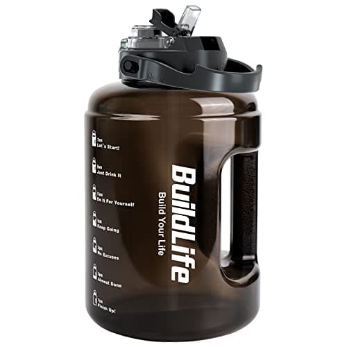 BuildLife Water Bottles with Straw & Flip Cap 2 in 1 Lid - Large Water Bottle with Time Markings BPA Free Leak Proof Wide Mouth Drinks Bottle,2.5 Litre Durable Sports Water Bottle (Black)