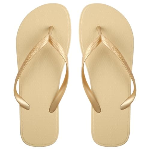 Aomig Unisex Flip Flops Ladies Girls Mens Flatform Beach Flip-Flop Slim PVC Flip Flops Women's Yoga Mat Comfortable Beach Platform Sandals Slip-Resistant Flat Flip Flop for Shower(Gold-7 UK)