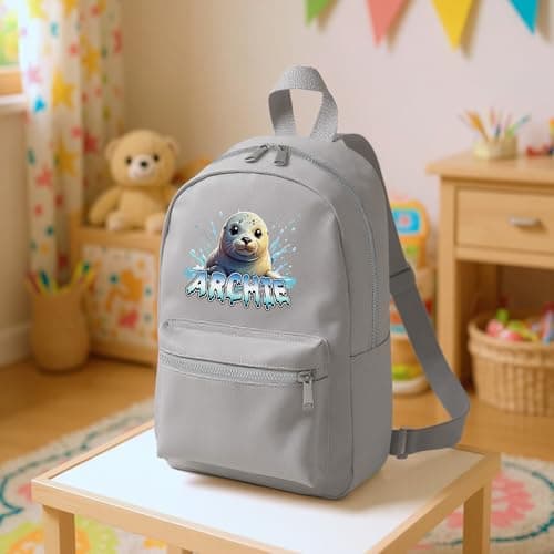 Purple Print House Kids Seal Custom Mini Backpack Personalised Name Back to School Nursery Bag for Boys Girls Toddlers New Term Gift, One Size, Olive Green — view 2