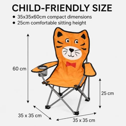 Envenzo Kids Folding Camping Chair, 4 Assorted Animal Designs, 600D Polyester, with Cup Holder and Security Lock, 35x35x60cm (1, ORANGE) — view 3