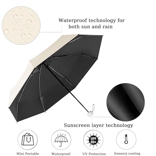Shunshi Folding Travel Umbrella, 6 Ribs Folding Sun Anti-UV Windproof Rain Umbrella,Fast Dry,Portable Pocket Lightweight Small Compact Umbrella with Capsule Case for Men Women Teens (Beige) — view 3