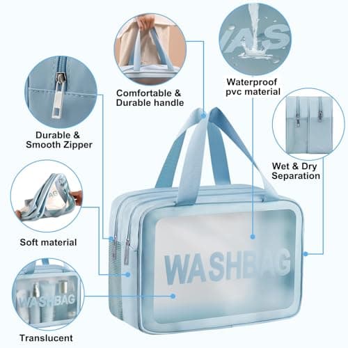 Clear Toiletry Bag, Wet Dry Separation PVC Makeup Cosmetic Bag, Large Capacity PVC Wash Bags with Handles for Women Girls Blue — view 4
