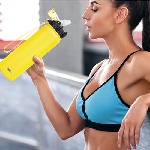 GOPPUS 1L/32oz Stainless Water Bottle with Straw Double Wall Insulated Bottles with Strap Reusable Vacuum Thermal Flask Leakproof Keep Cold Drinks Bottles with Flip Top Lid BPA Free (Yellow) — view 6