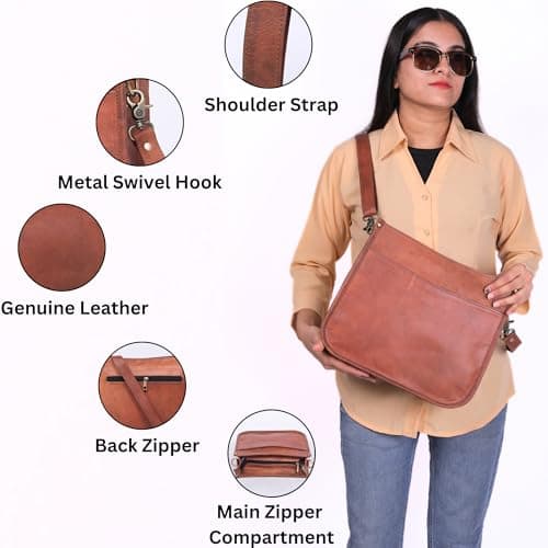 JINALEXIA LEATHER Genuine Leather Crossbody Purse for Women – Rustic Leather Satchel, Medium Size with Zipper Pocket – Cute Everyday Handbag, Medium Brown, Tan — view 3